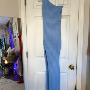 Blue Ribbed Knit One Shoulder Dress